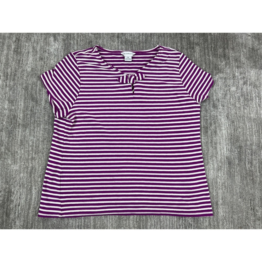 Liz Claiborne Top Womens XL Purple White Striped Keyhole Bow Short Sleeve Casual